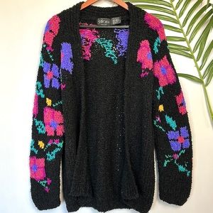 Vintage Chunky Black Loose Knit Pink Floral Cardigan